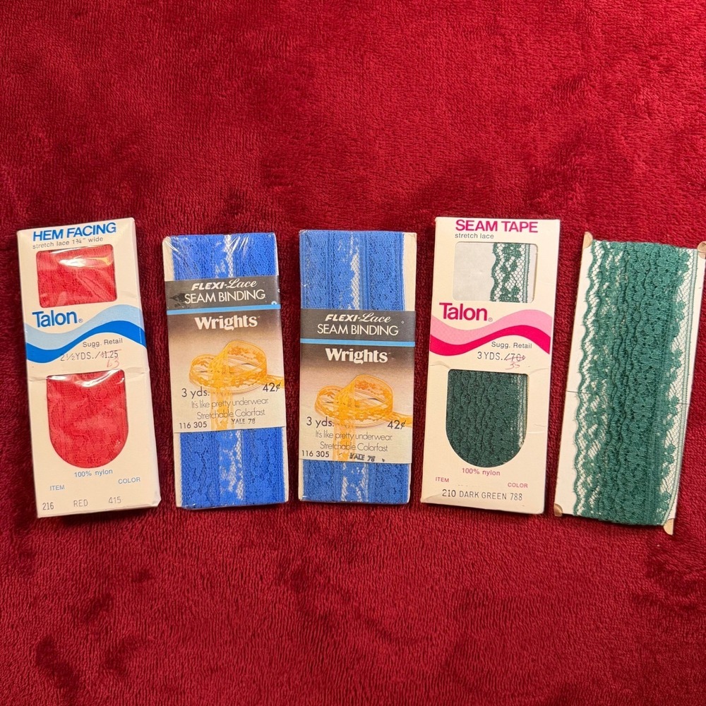 Vintage 70s Talon Wrights Stretch Lace Seam Binding Lot Red Blue Green